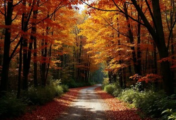 dense forest path at autumn - Generative AI
