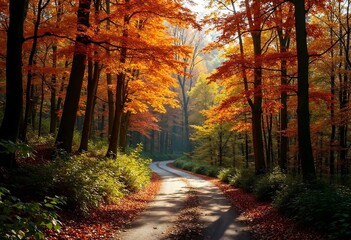 dense forest path at autumn - Generative AI