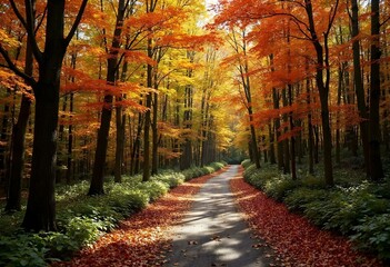 dense forest path at autumn - Generative AI