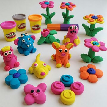 colorful play doh creations with flowers animals and objects on white background