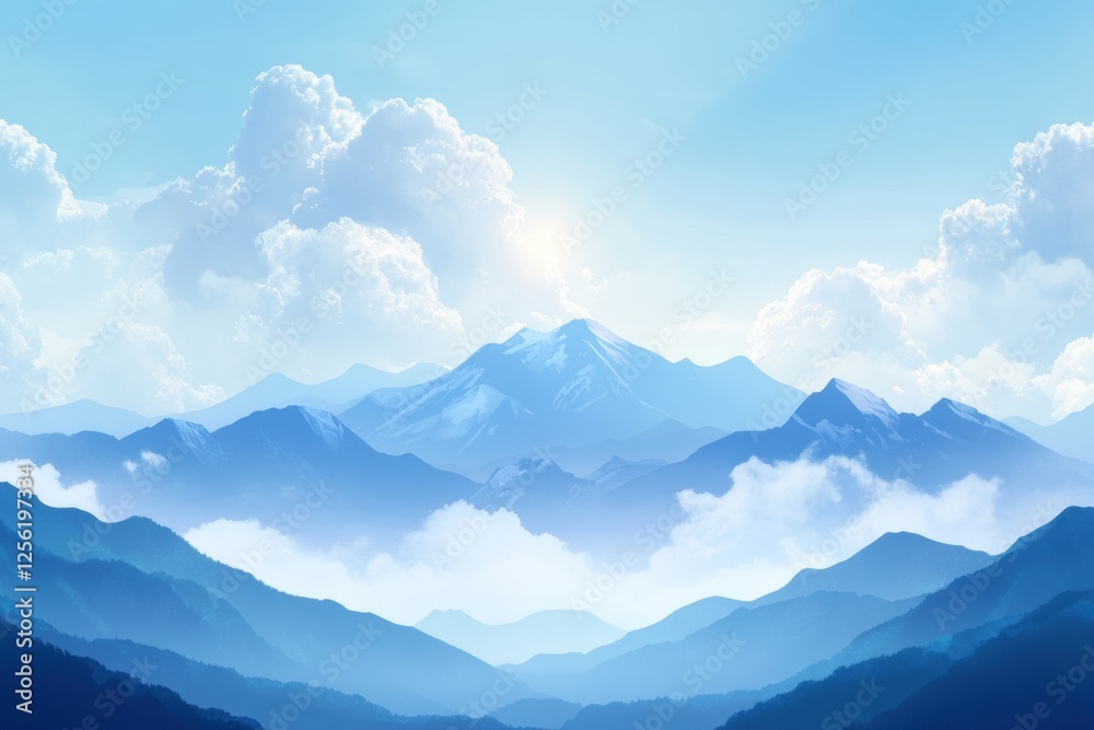 Poster majestic mountain range under soft clouds in a clear blue sky with space for inspiring words. genera