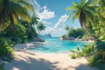 Fototapeta premium Idyllic Tropical Beach Cove Sun-Kissed Sands, Turquoise Waters, Lush Palm Trees