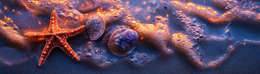 Obraz premium Starfish and sand dollars resting on wet sand with vibrant neon orange highlights