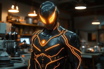 Exploring an innovative ai-powered exosuit in a futuristic workshop high-fidelity features in an advanced industrial setting