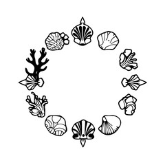 Ornamental Circle of Sea Creatures, including Coral, Shells, and Seaweed.