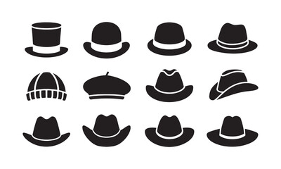 Hat icons set, includes fedora hat icon, Captain, vintage, men's bowler, baseball cap, sun visor, beret, cowboy, bucket, summer hat. Icons set of hats vector illustration on transparent background.