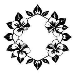 Hibiscus flowers in a hexagonal wreath frame, black & white, floral illustration.