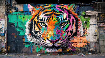 Vibrant tiger mural on urban wall, showcasing colorful artistry amidst graffiti and decay