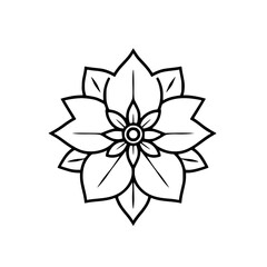 Minimalist illustration of a stylized, symmetrical flower, rendered in black and white, on a white background.