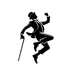 Fototapeta premium man wear suit and bowler hat happy jump with stick 