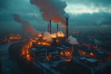 Nightfall at the Power Plant An Aerial View of Industrial Pollution and Illumination