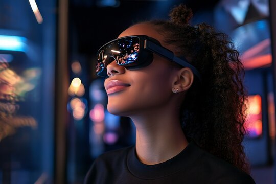 Student explores history through augmented reality in an ultra-futuristic setting. Generative AI