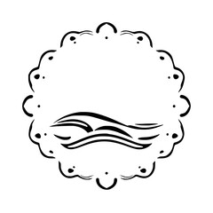 Ornate, Circular, and Simple black-and-white minimalist stylized landscape illustration. Waves over a curved line, inside a scalloped border.