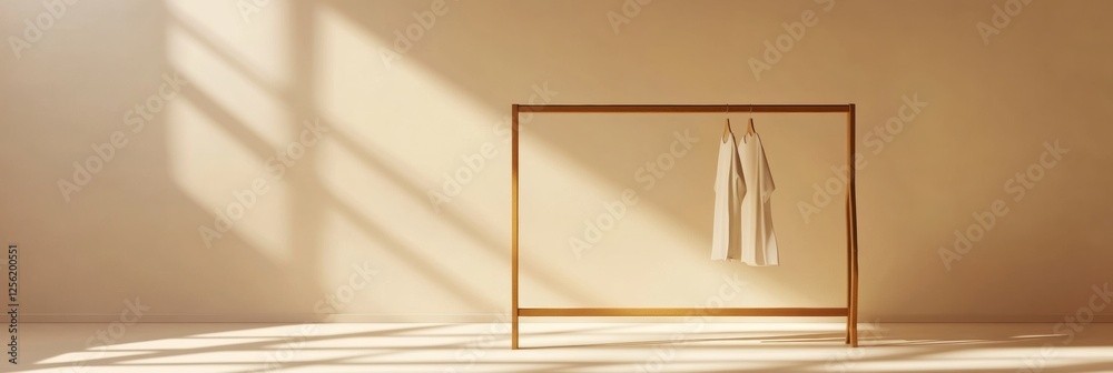 Poster minimalist clothing rack in a serene setting showcasing neatly arranged garments during a warm after
