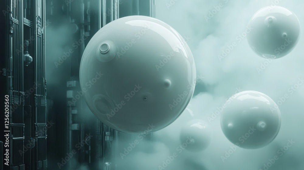Poster a group of white spheres floating in the air