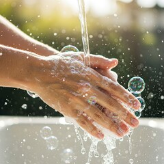 Fototapeta premium closeup of hands washing with soap and water creating bubbles in a sink