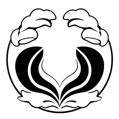 Abstract black and white design of a stylized floral emblem, featuring a central heart-shaped arrangement.