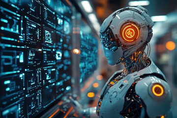 Fototapeta premium Innovative medical robotics revolutionizing healthcare technology high-tech facility digital visuals futuristic environment