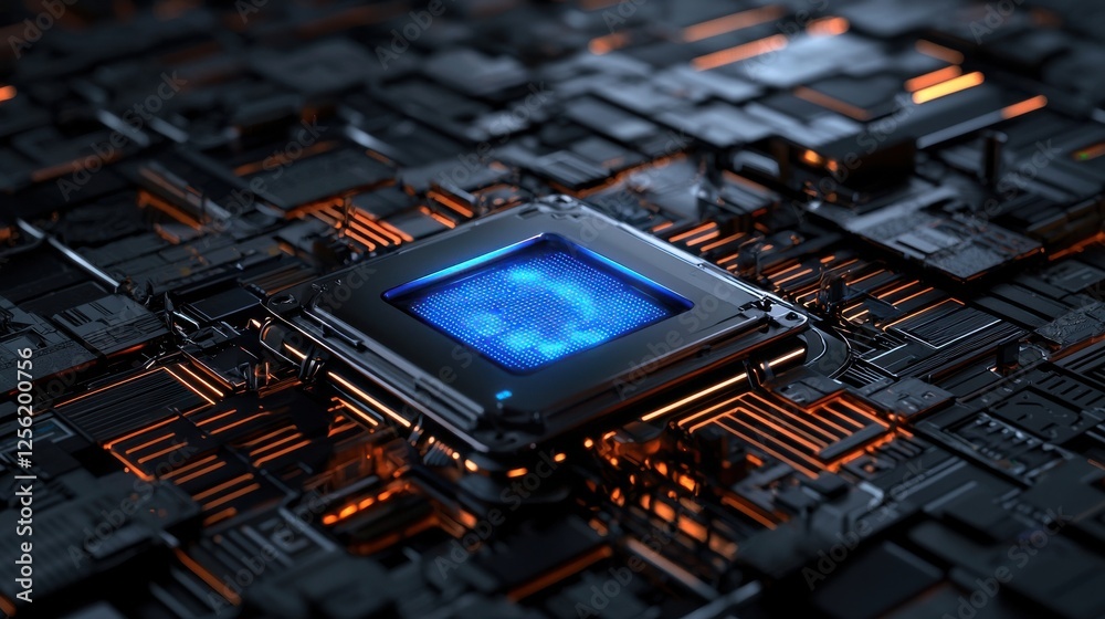 Aufkleber a computer chip is shown in a black and orange background