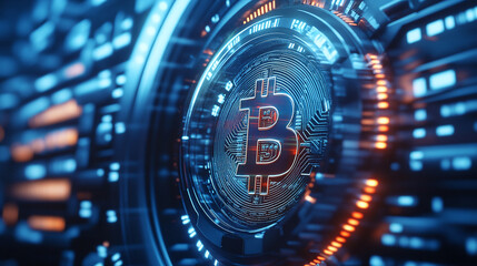 Obraz premium Digital Currency: A futuristic representation of a digital currency. Glowing symbol on a technological background symbolizes innovation and the future of finance.