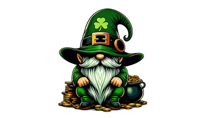 leprechaun sitting with a pot of gold coins