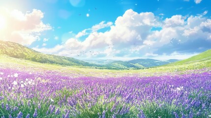 Fototapeta premium Vibrant Lavender Field Under Clear Blue Sky and Fluffy Clouds