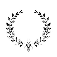 Black and White Minimalist Floral Wreath with Flower and Leaves. A circular arrangement.