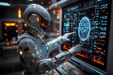 Fototapeta premium Humanoid ai robot interacting with high-fidelity tech interface in a futuristic lab setting