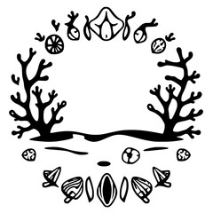 Stylized black line art floral arrangement arranged in a circular form, depicting a ring or wreath.