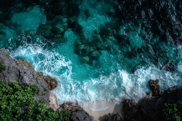 Obraz premium Waves dance over rocky coast, revealing secrets beneath turquoise waters. Generative AI