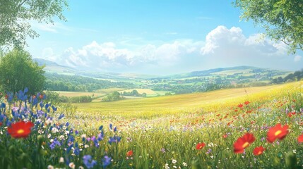 Obraz premium Vibrant Wildflower Meadow in Scenic Countryside under Blue Sky