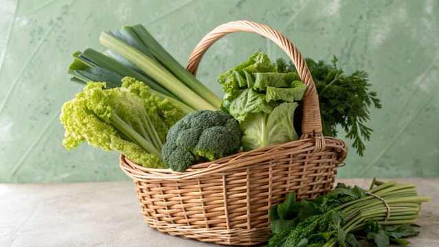 Wicker basket with fresh green vegetables - broccoli, lettuce, celery, healthy organic produce and sustainable living, farm to table - Powered by Adobe
