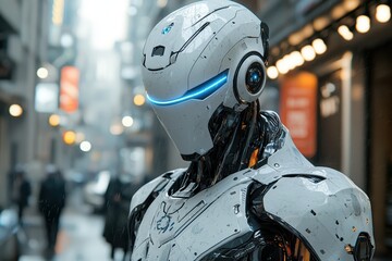 Humanoid ai robot with chrome finish urban street high fidelity imagery rainy environment close-up viewpoint futuristic concept