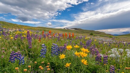 Fototapeta premium Vibrant Wildflower Meadow Under a Dramatic Sky in Springtime