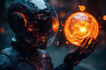 Humanoid robot glowing with radiant energy futuristic city high fidelity image dark environment close-up view innovation concept