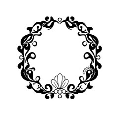 Circular black floral frame design with a central seashell element and scroll-like detailing.
