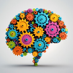 Colorful brain-shaped arrangement of gears symbolizes creativity and mechanical thinking 