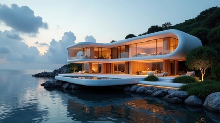 Obraz premium Modern Coastal Residence with Infinity Pool and Stunning Ocean Views at Dusk