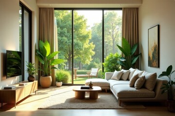 Fototapeta premium Serene Living Room Design with Abundant Natural Light and Lush Greenery, Featuring a Comfortable Sectional Sofa and Modern Furnishings