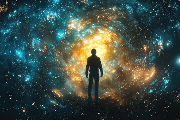 Obraz premium Futuristic humanoid robot glowing in cosmic space virtual reality digital art sci-fi environment surreal viewpoint