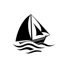 Stylized sailboat sailing on abstract water waves. A black silhouette of a sailboat in a white background.