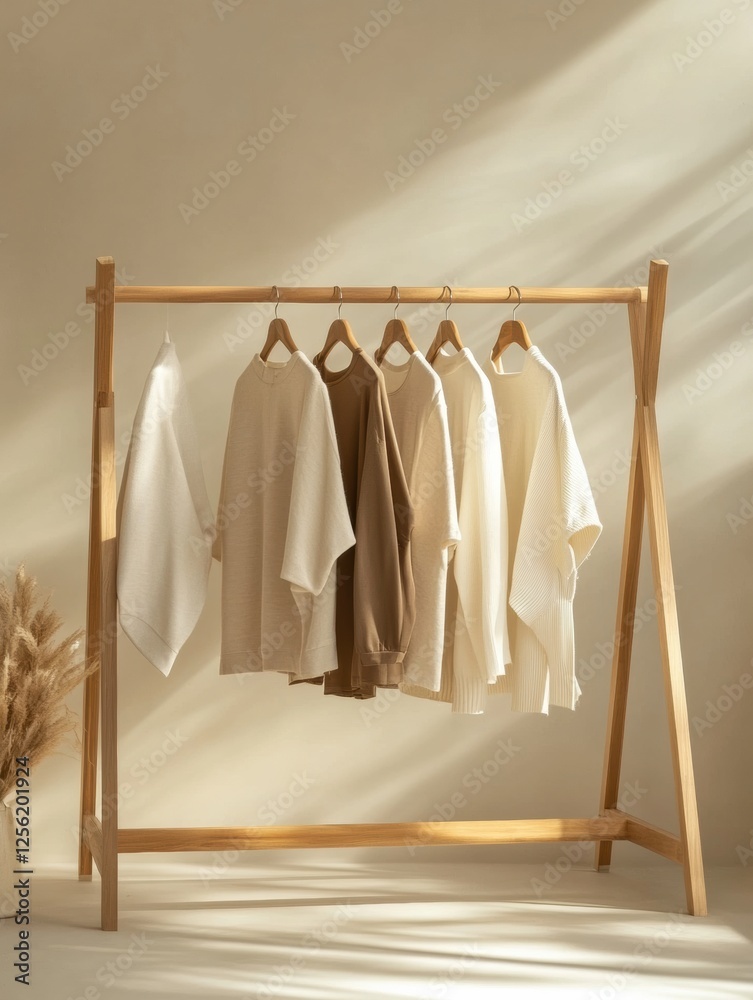 Poster minimalist clothing rack featuring neatly arranged light colored garments in a serene indoor setting