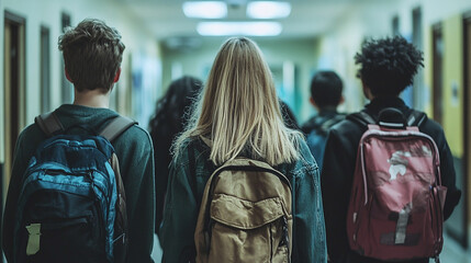 Fototapeta premium Students walking in school hall, focused on diversity, youth culture, and the educational environment. Back-to-school atmosphere.