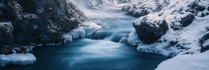 Surreal landscape showcasing frozen rivers flowing uphill against a vivid backdrop