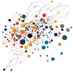 Colorful network structure of interconnected nodes and lines on white background