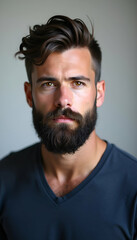 Fototapeta premium Handsome Bearded Man with Wavy Hair – Stylish Male Portrait with Neutral Expression, Dark V-Neck Shirt, and Soft Gray Background