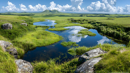 Serene highland wetland reflecting clouds, distant hills. Nature landscape for travel brochures