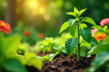A vibrant young sprout emerges from rich soil, bathed in the warm glow of the morning sun, surrounded by a lush garden of blooming flowers, symbolizing growth, nature, and new beginnings.