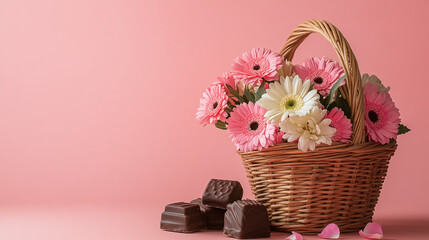Obraz premium A charming basket of pink and white gerbera daisies paired with delectable chocolates. The perfect sweet gesture for celebrations or a thoughtful surprise.