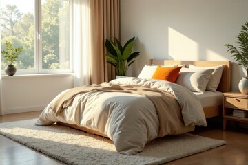 Serene Bedroom Sanctuary Sunlight Illuminates a Calm and Cozy Space with Soft Bedding, Natural Light, and Minimalist Decor